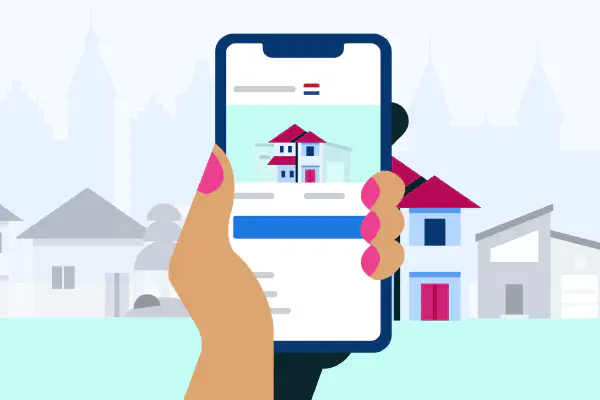 Illustratie van een vergrootglas boven huizen, symbool voor het kiezen van het juiste beleggingspand.