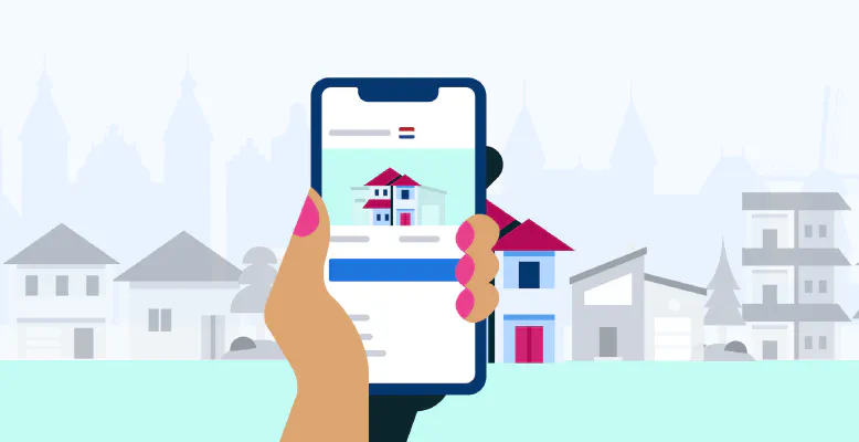 Illustratie van een vergrootglas boven huizen, symbool voor het kiezen van het juiste beleggingspand.