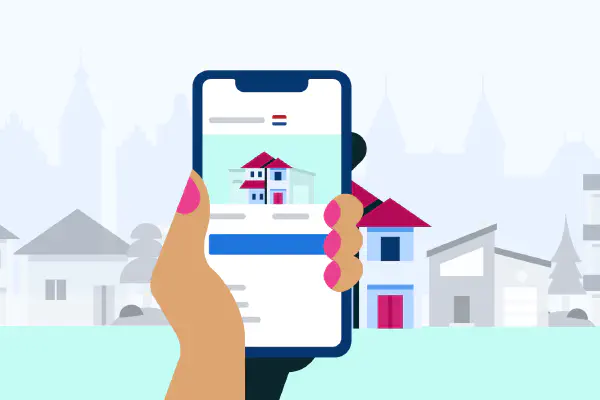 Illustratie van een vergrootglas boven huizen, symbool voor het kiezen van het juiste beleggingspand.