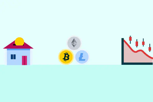 Conceptuele afbeelding die volatiele aandelen/crypto grafieken vergelijkt met een stabiel huisicoon, wat investeren in vastgoed met BRXS vertegenwoordigt.