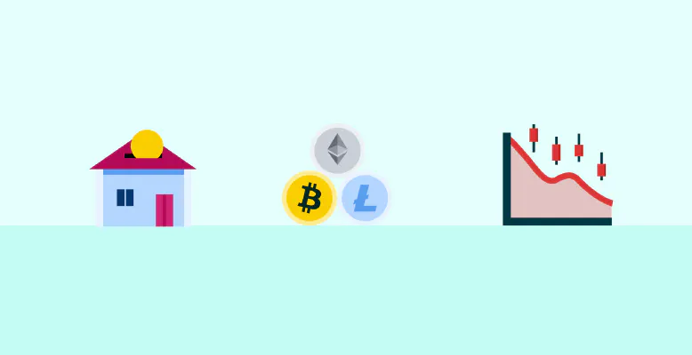 Conceptuele afbeelding die volatiele aandelen/crypto grafieken vergelijkt met een stabiel huisicoon, wat investeren in vastgoed met BRXS vertegenwoordigt.