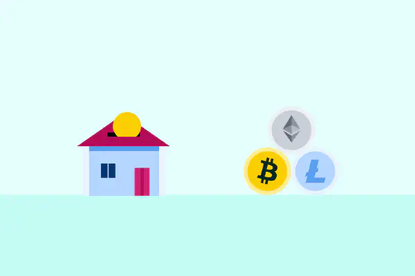 Conceptuele afbeelding die volatiele aandelen/crypto grafieken vergelijkt met een stabiel huisicoon, wat investeren in vastgoed met BRXS vertegenwoordigt.