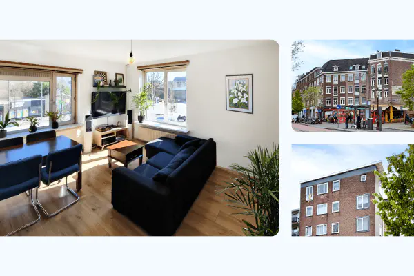 Grafische advertentie voor een investeringsmogelijkheid in een studentenhuis nabij Oosterpark, Amsterdam.